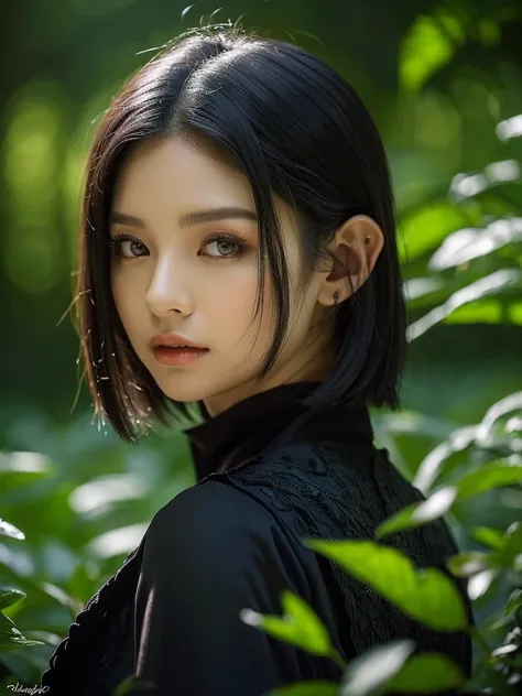 A beautiful raven-haired girl as an elf (kim Jennie from blackpink) with short hair, dressed as an elf, standing in a lush forest with dark colors, (1girl,elf,short hair,raven hair,dark forest,busty,fantasy,detailed face, elf, beautiful detailed eyes,beaut...