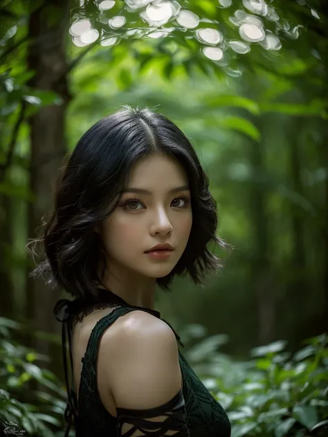 A beautiful raven-haired girl as an elf (kim Jennie from blackpink) with short hair, dressed as an elf, standing in a lush forest with dark colors, (1girl,elf,short hair,raven hair,dark forest,busty,fantasy,detailed face, elf, beautiful detailed eyes,beaut...