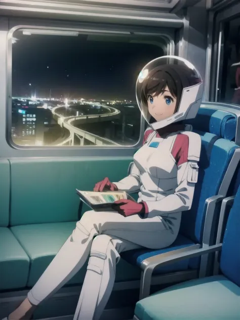 space helmet, (cinematic scene, sitting on a chair, train interior, , city view, night view: 1.5), space helmet, eva helmet, spa...