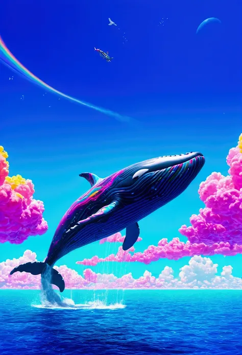 Flying Whale, sky, by Lisa_Frank, cinematic still, (best quality, masterpiece), very aesthetic, perfect composition, intricate details, ultra-detailed, vivid colors