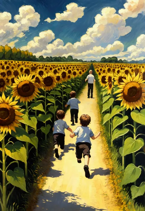 Two little boys running through the sunflower field, oil painting in the style of Van Gogh