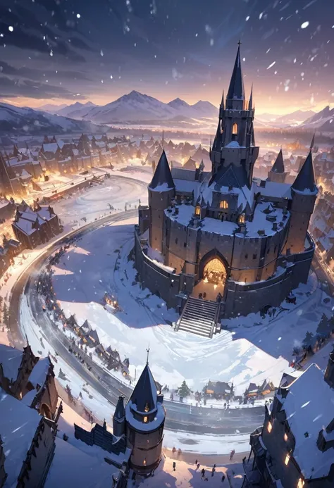 (Masterpiece, best quality, light particles), overhead view of obsidian castle over looking medieval city set in the snowy mountains, battlement walls, banners, snow, people, sprawling streets, frozen lake, night, snowing,