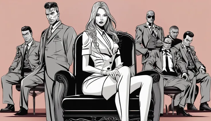 Single Mastermind young lady sitting on chair, a lots of gangster bodyguards standing behind