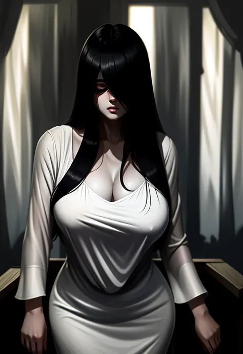 ((masterpiece)), (best quality), (absurdists), black hair, yamamura_sadako, white dress, (grey skin), hair over eyes, eyes covered, looking at the viewer very sexual in the dark forest super realistic and well detailed