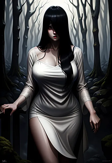 ((masterpiece)), (best quality), (absurdists), black hair, yamamura_sadako, white dress, (grey skin), hair over eyes, eyes covered, looking at the viewer very sexual in the dark forest super realistic and well detailed