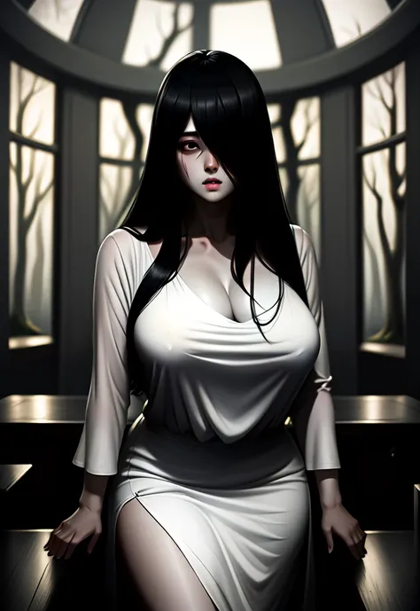 ((masterpiece)), (best quality), (absurdists), black hair, yamamura_sadako, white dress, (grey skin), hair over eyes, eyes covered, looking at the viewer very sexual in the dark forest super realistic and well detailed