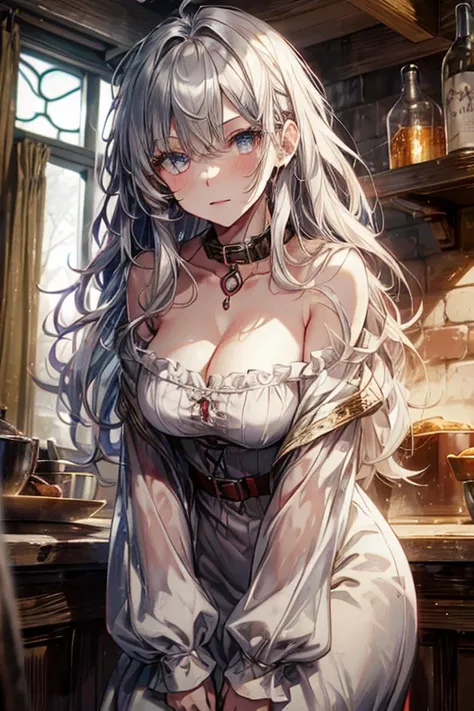 1girl, [white tunic:red tunic:0.4], long curvy messy hair, silver hair, glowing ruby colored eyes, beautiful face, detailed face, detailed eyes, perfect anatomy, collar bone, secluded old tavern, medieval theme, illustration, 8k, super details, award winni...