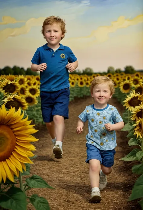 Two little boys running through a field of sunflowers, oil painting, style of van gogh