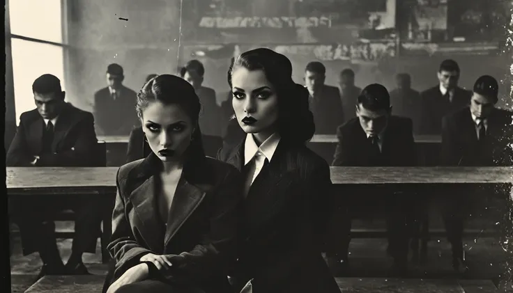 one mastermind young lady, sitting on chair. a lots of fierce gangster bodyguards standing behind