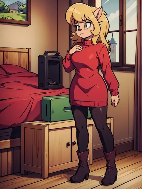 furry anthro girl brown hair,  red sweater, skirt, tights, boots, cozy room ,