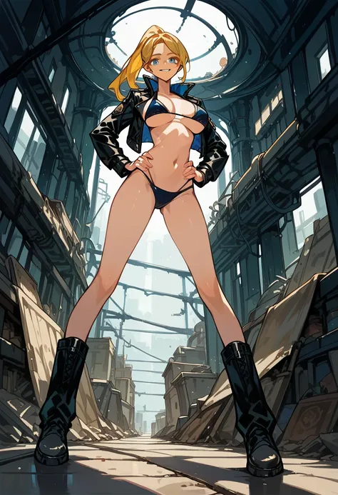 Masterpiece, best quality, Masterpiece, best quality, 1 woman , blue eyes , yellow ponytail , black leather jacket , sly face , smile , bikini , abdomen, big breasts , Long legs , boots , hands on hips , abandoned factory , at night