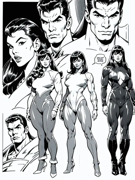 Full body,Male and Female illustration in Buscema drawing style;beautiful female, Wide Angle,8K True-to-Life Picture Quality, Handsome,man,wearung futuristic body suits,muscular body types,Perfect facial details,agressive facial expression,no nsfw images