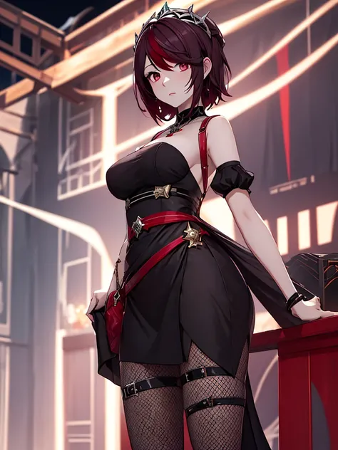 1rosaria from genshin impact game, 1woman, wearing a stylish black colour short frock at a night party, dark red colour short ha...