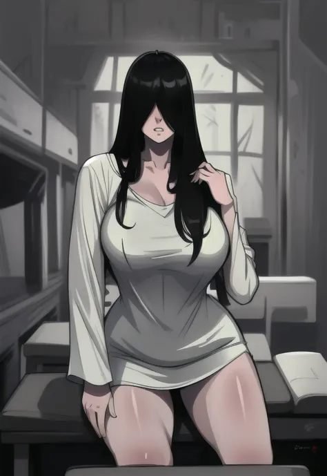 ((masterpiece)), (best quality), (absurdists), black hair, yamamura_sadako, white dress, (grey skin), hair over eyes, eyes covered, looking at the viewer very sexual in the dark forest super realistic and well detailed