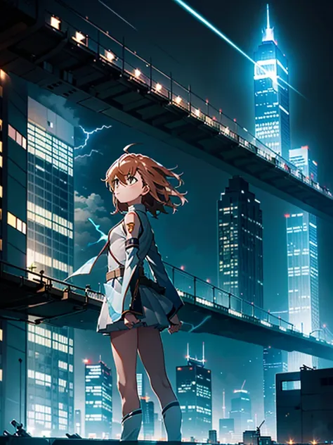 masterpiece, best quality,1girl, solo, ,misaka mikoto, standing,Urban, City,skyscrapers,  Thunder Bolts, Flashing, Glowing,  Dynamic, Dramatic,  Nighttime,  Impressive, 