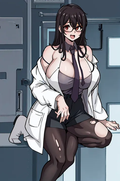 masterpiece, best quality, 1girl, solo, ether, labcoat, off shoulder, sleeveless shirt, necktie, torn pantyhose, shorts, sitting...