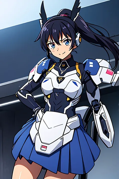 mecha wings、blue skirt、accentuated thighs、chest、black hair、1 girl、solo girl、is、frame arms girl、alice gere aegis、white armor、pink...