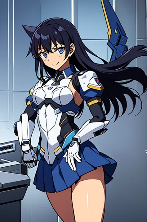 mecha wings、blue skirt、accentuated thighs、chest、black hair、1 girl、solo girl、is、frame arms girl、alice gere aegis、white armor、pink...