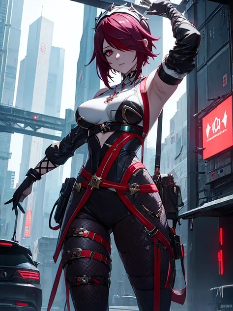 rosaria from genshin impact game, 1woman, wearing a cyberpunk outfit, futuristic look, at a future city, dark red short hair sty...