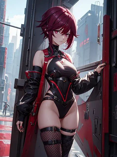 Rosaria from Genshin impact game, 1woman, wearing a cyberpunk outfit, futuristic look, at a future city, dark red short hair style, pale skin, 8k, high detailed, high quality, full body