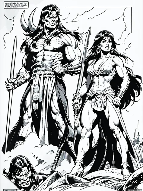 (conan the barbarian)full body,male and female illustration in buscema drawing style;beautiful female,barbarian and warrior woma...