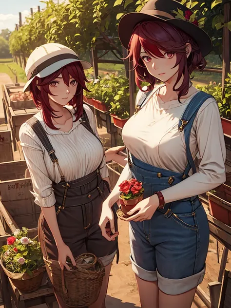 Rosaria from Genshin impact game, 1woman, as a farm woman, wearing farm outfit with overalls and hat, at a farm, dark red short hair style, pale skin, 8k, high detailed, high quality, full body