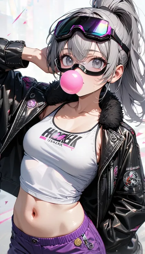 young girl, short gray hair, high ponytail, gray eyes, bubble gum, hacker glasses, black leather jacket with fur collar, white tight tank top, open belly, purple shorts, hacker, Masterpiece, best quality, Full HD, 8k, ultra details, great graphic