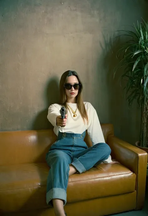 90s woman, gangsta rapper. Boss gangster in sunglasses and gold chain. Hip hop style denim overall with oversized white t shirt and bucket hat, lounging on a leather couch. She is holding a gun. gunatyou. sleek long hair, oversized clothes, photo depth of ...