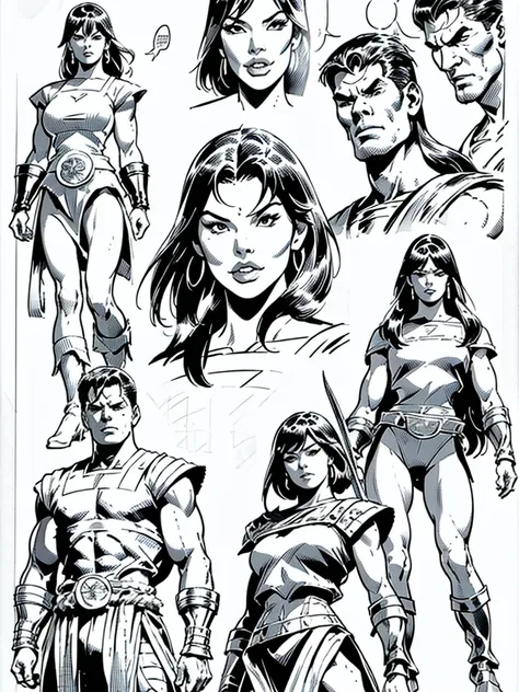 (Spartan warriors)Full body,Male and Female illustration in Buscema drawing style;beautiful female,spartan helmets and armor, warrior woman art,swords and sheilds, Wide Angle,8K True-to-Life Picture Quality, Handsome, muscular body types,Perfect facial det...