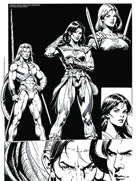 (spartan warriors)full body,male and female illustration in buscema drawing style;beautiful female,spartan helmets and armor, wa...