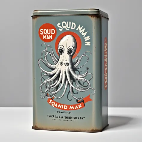 Squid man in traditional flat sardine tin, logo, Tanaka Ikko, Reid Miles, modernist, mid century, helvetica,