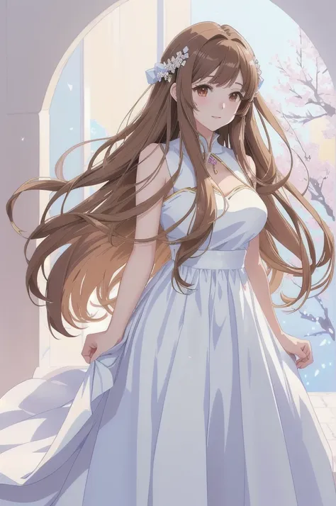 anime girl with long brown hair and white dress in a white room, anime goddess, cute anime waifu in a nice dress, beautiful anim...