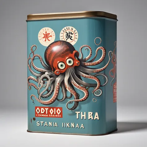 Human with octopus head in traditional flat sardine tin, logo, Tanaka Ikko, Reid Miles, modernist, mid century, helvetica,