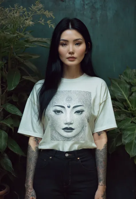 [[highly detailed face]], [[goddess face]], 90s woman. an yakuza girl, oversized white graphical t shirt and black denim pants, ...