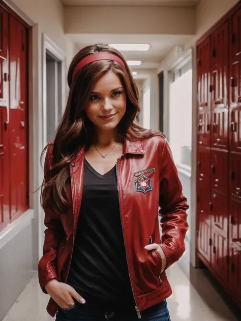 photography, realistic
woman, looking at viewer, dark red jacket, dark red hairband, school hallway, red lockers, close up, happy