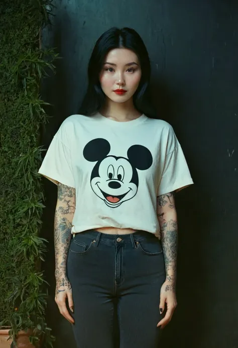 [[highly detailed face]], [[goddess face]], 90s, young woman. an yakuza girl, oversized white mickey mouse t shirt and black den...