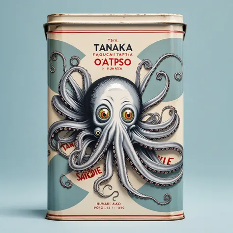 human with octopus head in traditional flat sardine tin, logo, tanaka ikko, fl4tstyle3, modernist.