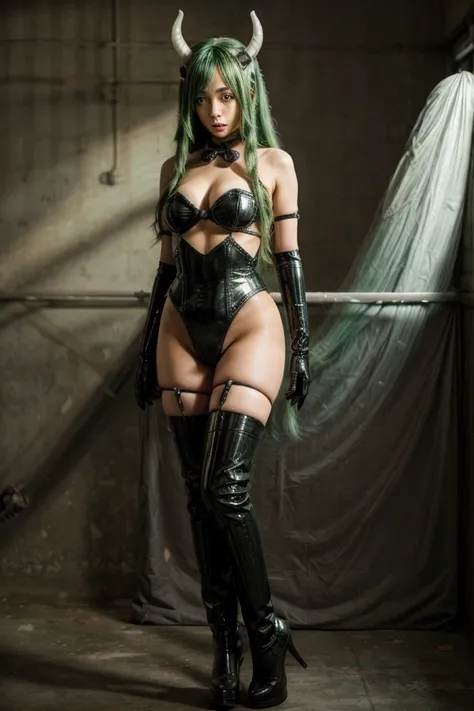 1 girl, realistic, dakimakura, soraka cosplay, pony girl, black latex outfit, black high heel boots, mouth gag, standing up, gre...