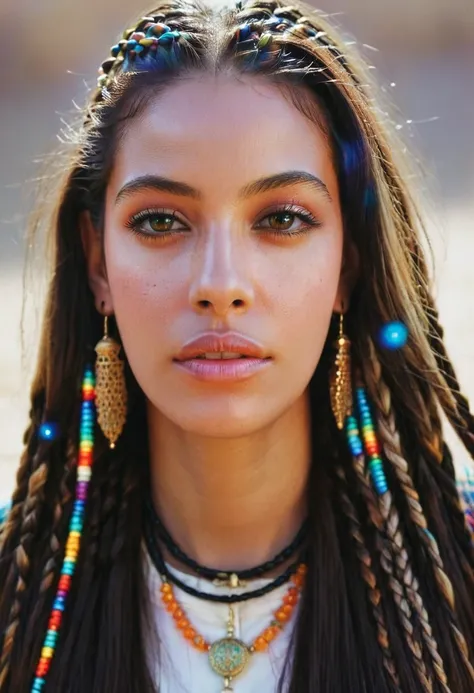 a woman's head. her hair is in cornrows, geometric repeating patterns, coloured beads, long dark hair. patterned. front view, sh...