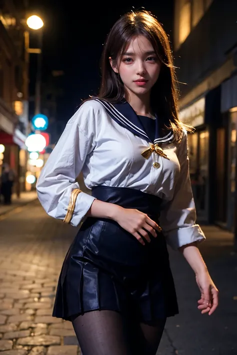 1girl, korean, light smile, long hair, brown hair, medium breast, sailor outfit, sailor uniform, walking on street, dynamic lighting, black background, intricate detailed, finely detailed, cowboy_shot