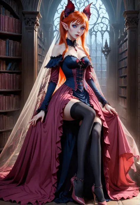 arafed a picture of elf vampire in her castle. an exquisite beautiful female elf vampire (ultra details, Masterpiece, best quality), full body, ((anatomically correct: 1.5) bloody mouth, orange hair, pale skin, hair in a ponytail, long hair, blue eyes, (sm...