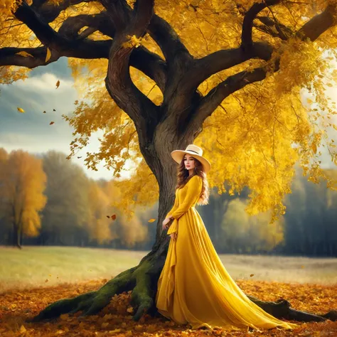 arafed woman in a yellow dress and hat stands under a tree, wonderful autumn mood, beautiful yellow woman, autumn empress, godde...