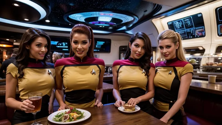 A fun sexy restaurant like Hooters but with a futuristic Star Trek theme, sexy waitresses in sexy Star Trek uniforms, variety of ethnicity and hair colour