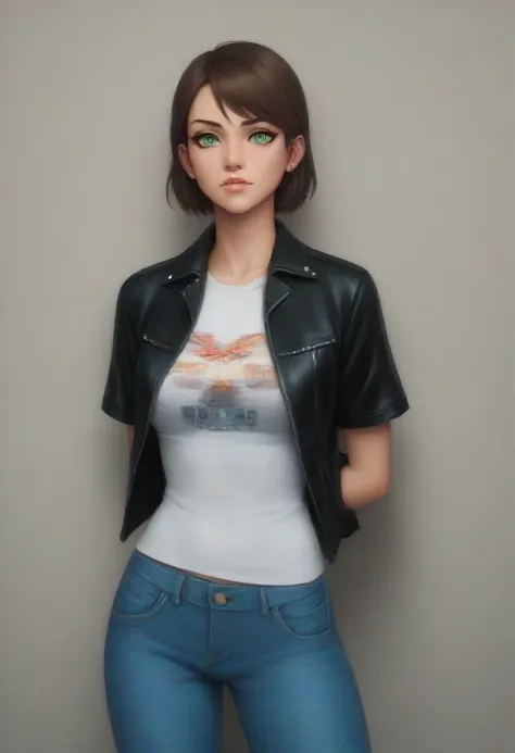 masterpiece , highly detailed , best quality , perfect face , green eyes , fubuki , wearing black leather jacket over short slee...