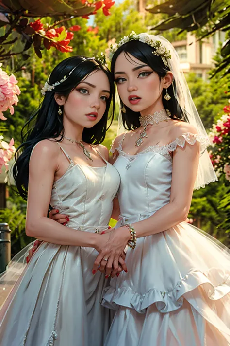 a beautiful bride and her younger sister, 35 year old woman in a white wedding dress, 30 year old woman in a colorful dress, gre...