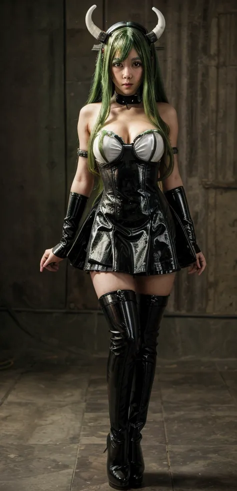 1 girl, realistic, dakimakura, soraka cosplay, maid girl, latex maid outfit, black high heel boots, standing up, green long hair...