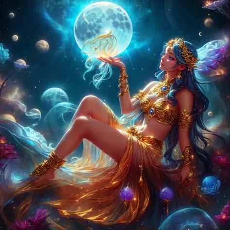 woman , sea blue eyes  , pink mouth ,dressed in gold, standing in front of a crescent moon., goddess of heaven, goddess of the m...