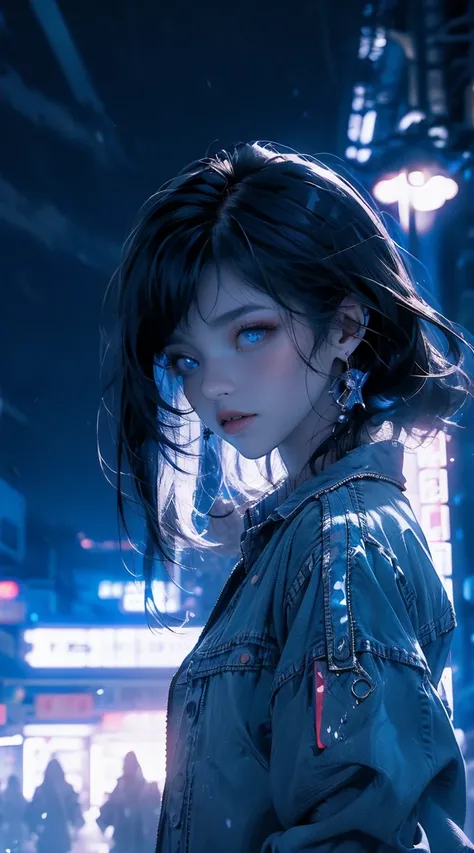 master paintings，optimal quality，rain，adult woman，beauty、very depressive，With short black hair，is crying，is fighting to the enemy in the midnight town、Neon street in the background、neon color is blue.