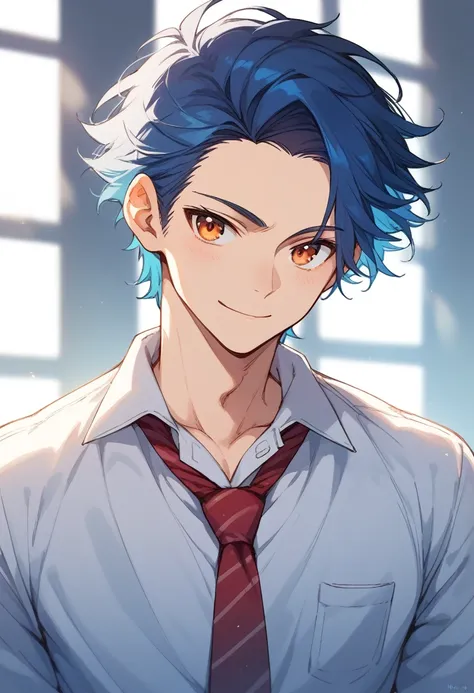 (score_9,score_8_up,score_7_up,score_6_up,score_5_up,score_4_up, source_anime), 8k, best quality, best lighting, BREAK, 1man, 23 yo, toned, male face, male eyes, male focus, deep blue hair, orange eyes, forehead, (smile: 0.7), dress shirt, necktie, portrai...