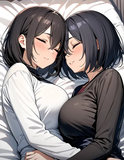 (highest quality), (masterpiece), highly detailed, ultra-high resolution, 2 ladies, mature woman, mikasa and her daughter sleepi...